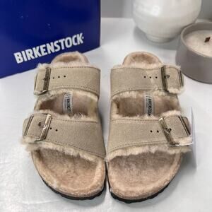 Birkenstock Arizona Suede Fur Lined Slide Taupe Women 8/Men 6 Narrow Fit NWB